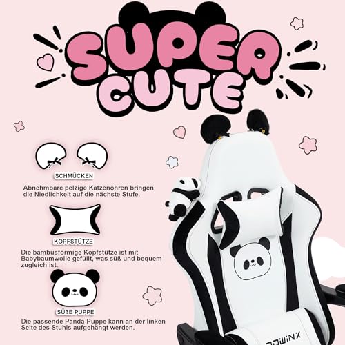 Sedia da gioco – Sweet Panda Edition – Sedia ergonomica per computer con schienale alto e supporto lombare, in pelle PU, poggiapiedi, panda - Sedia gaming - Immagine 6