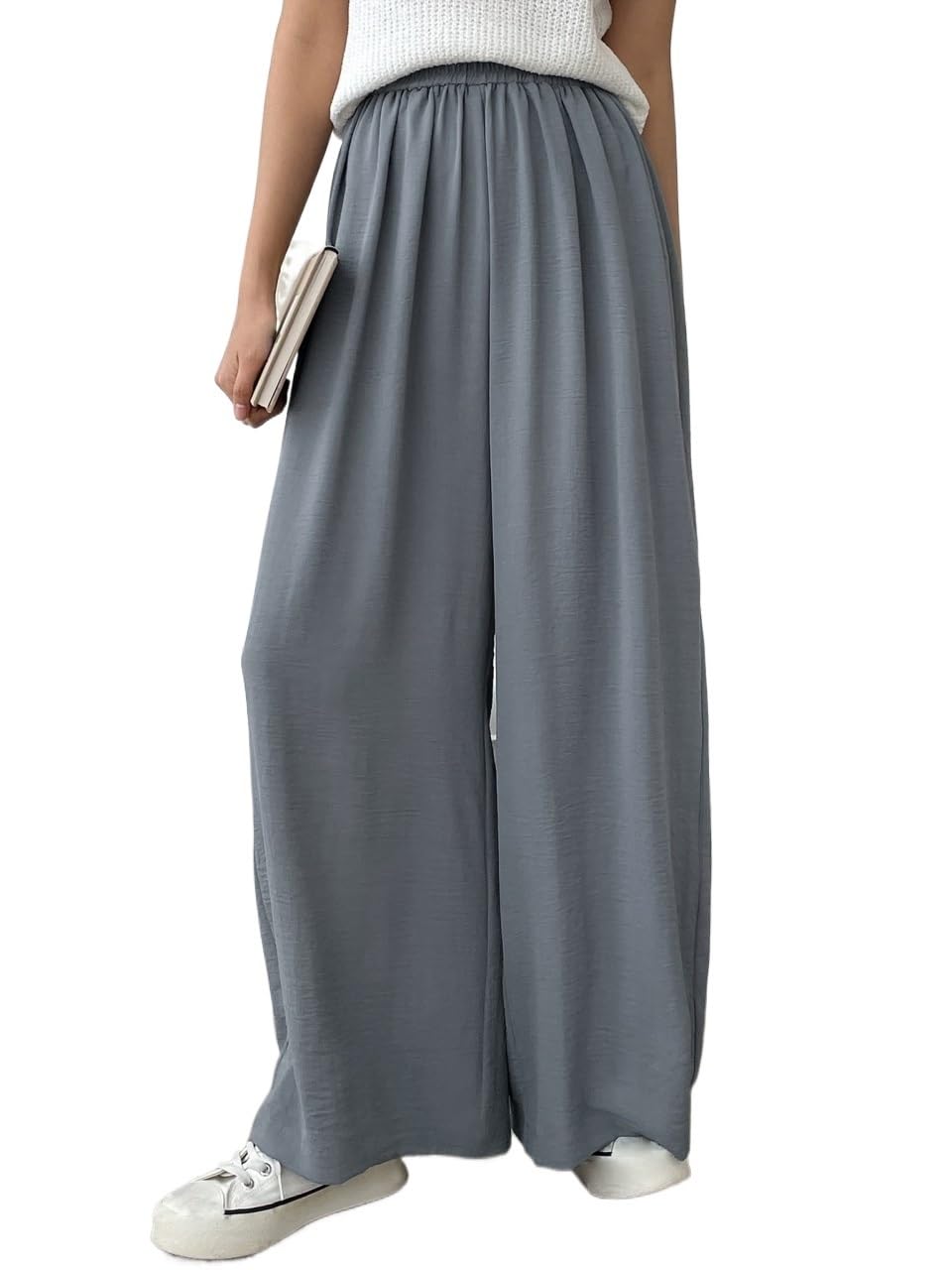 RAISER Womens Business Work Casual Pants Solid Elastic Waist Wide Leg Pants