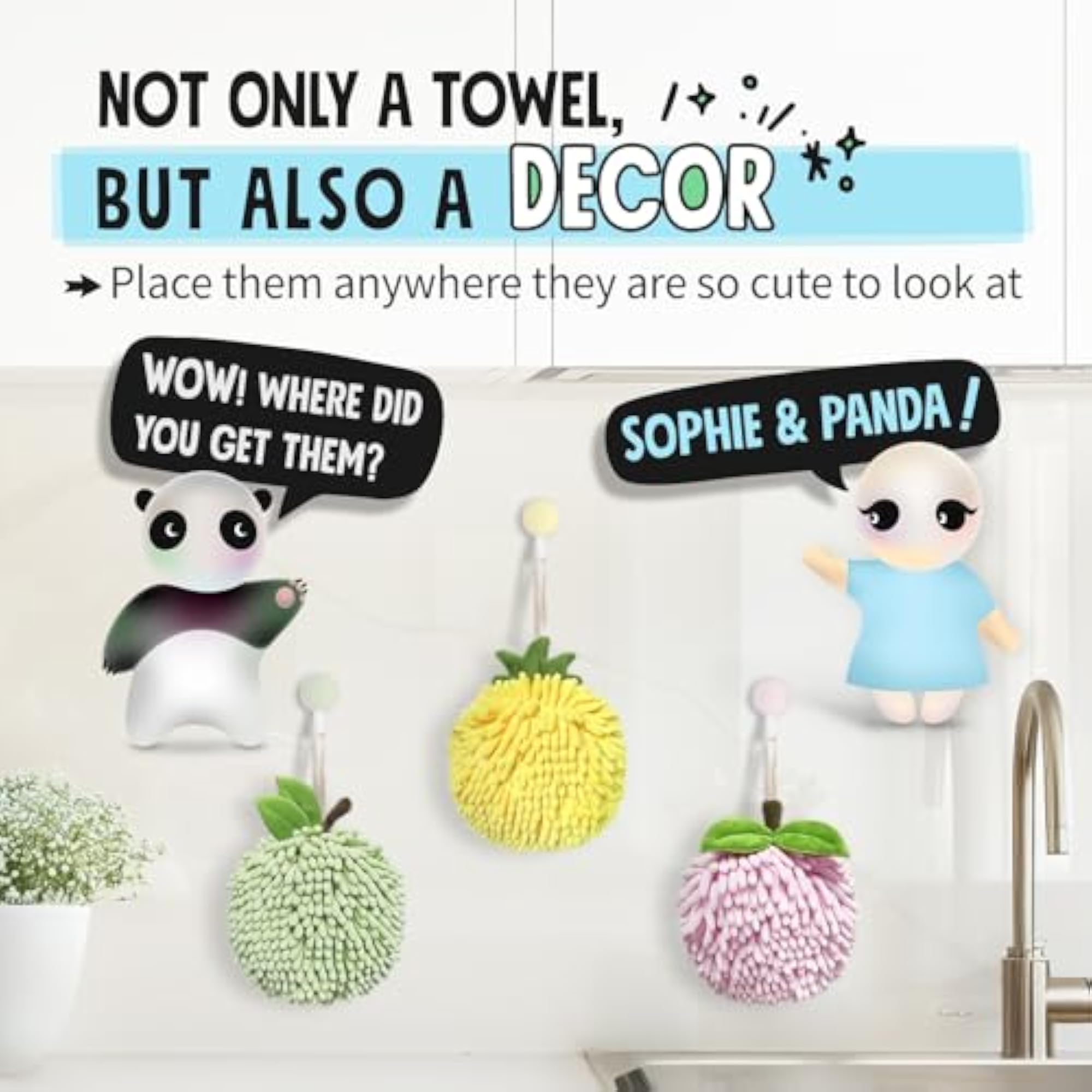 Fuzzy Ball Hand Towels Set of 2, Fruit Themed