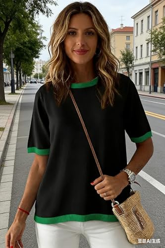 Image of Womens Short Sleeve Solid Color Block Crew Neck Sweater Shirt Lightweight Cotton Casual Summer Pullover Tops,Medium Black