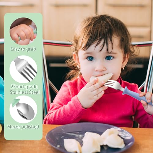 Image of 12-Piece Toddler Fork and Spoon Set, Stainless Steel, Dishwasher Safe | Plastic handles, rounded edges, easy-grip size for little hands, BPA-free, reusable for daily self-feeding