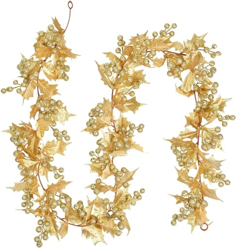 LATERN Guirnalda Navideña de Bayas Doradas, 175CM Flexible Guirnalda de Bayas Artificiales con Baya Doradas Brillante y Hojas de Acebo para Invierno Navidad Año Nuevo Chimenea Puerta Árbol Decoración