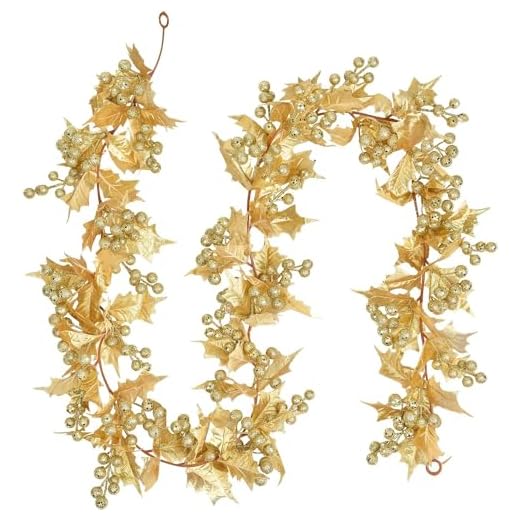 LATERN Dorées Baies Guirlande de Noël, 175CM Guirlande de Baies Artificielles Flexibles avec Baies à Paillettes Dorées et Feuilles de Houx pour Noël Hiver Nouvel an Cheminée Porte Arbre Décoration