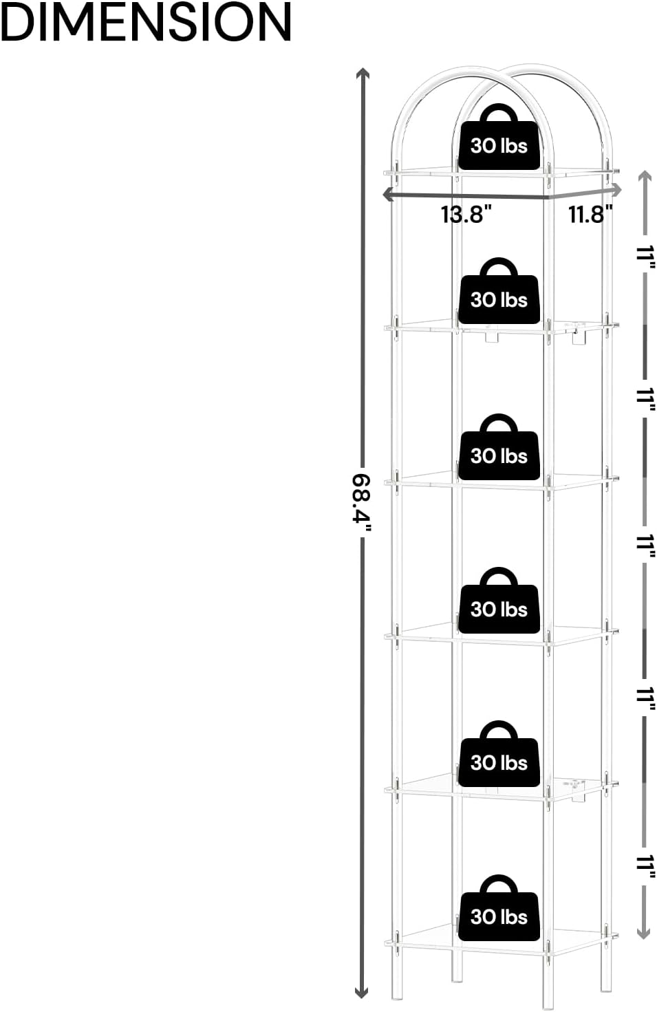 6-Tier Tall Acrylic Arched Bookcase, 13.8''W x 11.8''D x 68.4''H, Clear Narrow Bookshelf for Small Space, Open Book Shelves for Home Office, Living Room, Bedroom, Modern