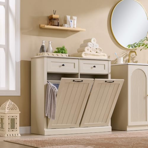 Image of IFGET Double Tilt Out Trash Cabinet, Wood Trash Can Cabinet, Cream