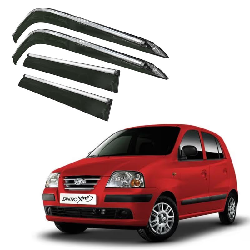 Image of CAR SAAZ Side Door Visors for Santro Xing Type 2 (2008-2015)(Set of 4Pcs) | Chrome Lined Rain Guards, Polycarbonate, Smoke Finish