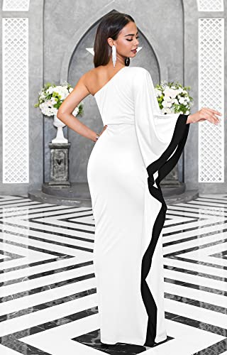 Koh Koh Womens Long One Off Shoulder Sexy Cocktail Party Wedding Guest Bridesmaid Semi Formal Evening Tall Flowy Tube Stretchy Maxi Dress Dresses Gown Gowns, White And Black M 8-10 #TOP4