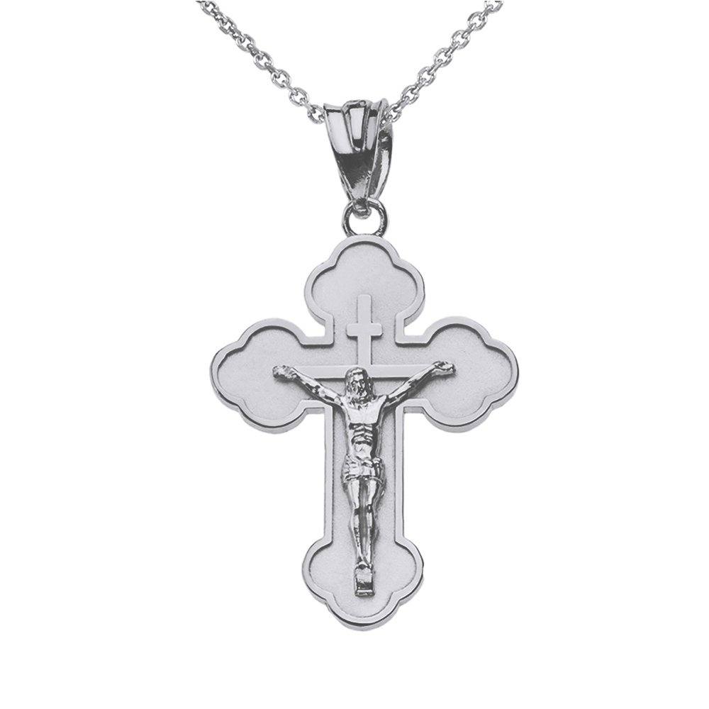Religious Jewelry 14k White Gold Eastern Orthodox Cross Crucifix Pendant Necklace (Small)