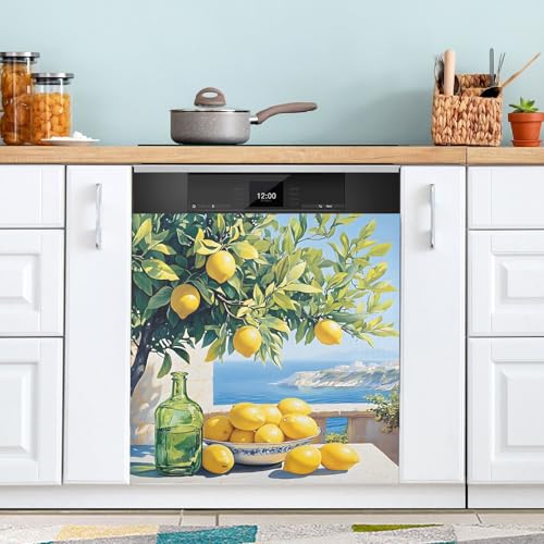 JIPONI Lemon Trees Sea Dishwasher Magnet Cover, Magnetic Dishwasher Sticker, Refrigerator Magnet Decal Panels, Kitchen Art Decor 23" x 26"