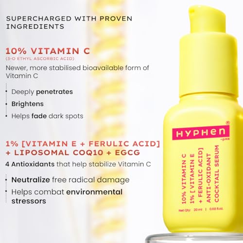 Image of Hyphen 10% Vitamin C, 1% Vitamin E & Ferulic Acid Serum| Clinically Tested to Brighten, Treat Dark Spots & Pigmentation | 12Hr Slow Release Formula| Non-Irritating, Suitable for Sensitive Skin - 20ml