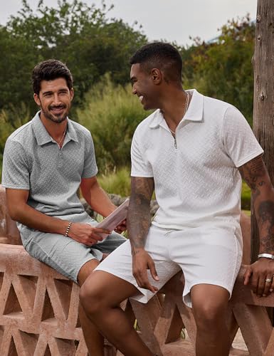 Image of URRU Mens Textured Polo Shirt and Shorts Sets Outfits 2 Piece Summer Tracksuits Casual Quarter Zip Golf Polo Shirts