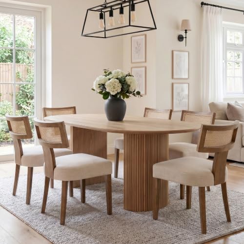 Image of HNY Mid Century Modern Rattan Dining Chairs Set of 6, Linen Upholstered Kitchen & Dining Room Chairs with Ergonomic Curved Back, Solid Wood Frame, Farmhouse Accent Chairs for Home, Apartment, Beige