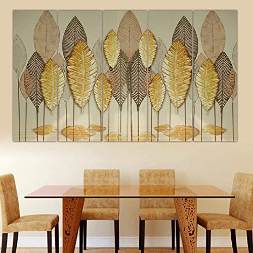 Image of Maxstone Beautiful Golden Leaf Flower Leaves Wall Painting For Home,LivingRoom,Bedroom,Office,Kidsroom, Wall Decorative Painting Multiple Frames Set of -5 Big Size (30x60 inch) M1253