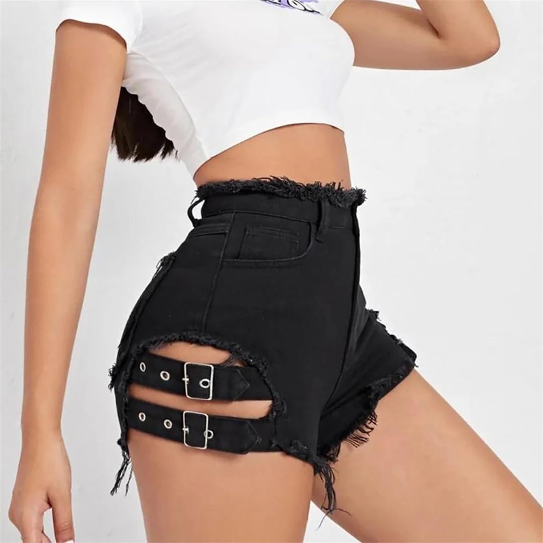 Women's Summer Retro Street Side Design High Waist Straight Leg Torn Edge Denim Shorts