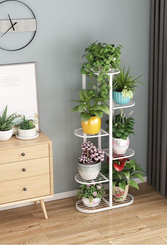 Image of 7POT ATTRACTIVE STYLISH MULTIPLE IRON METAL PLANT HOLDER STAND FOR INDOOR OUTDOOR BALCONY GARDEN AND LIVING ROOM PLANT RACK STAND FOR CORNER AND TARRACE {WITHOUT POT} (White)