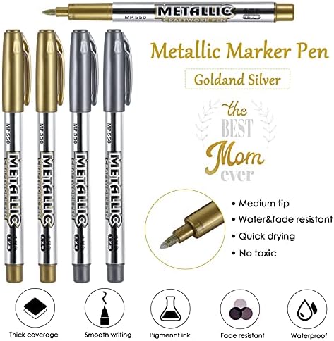 zhibeisai Metallic Pens Silver and Gold Writing Pen for Cards Gold Marker Pen Silver Ink Pen Permanent Art Marker Pens for Card Making Painting DIY Album, 2 Gold & 2 Silver