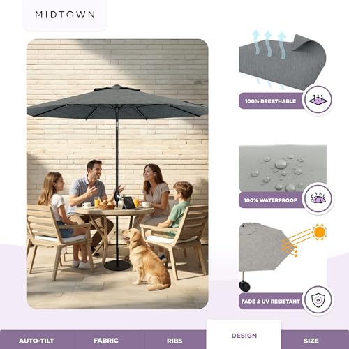 Image of Midtown Umbrellas - 10-Year-No-Fade 9 Ft Patio Umbrella with Terylast Fabric, Auto-Tilt Aluminum Frame and 8 Reinforced Ribs for Deck, Pool, Garden & Beach - Geige Canopy, Black Pole