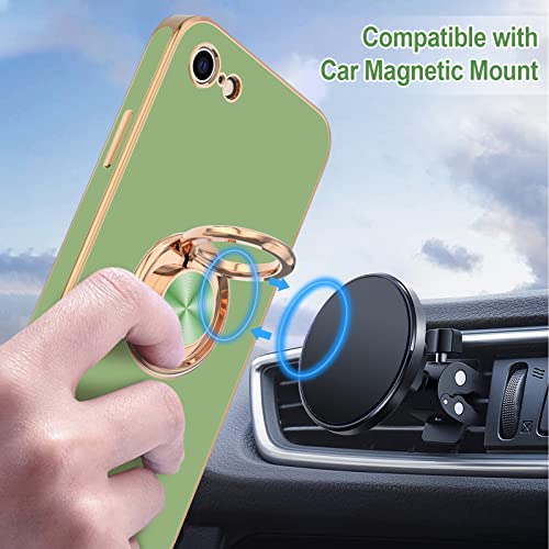 Image of Hython for iPhone SE Case 2022 /2020, iPhone 8 7 Case Ring Holder Stand Magnetic Kickstand, Plating Rose Gold Edge Soft TPU Bumper Cover Shockproof Protective Phone Cases Women Girls Boys, Light Green
