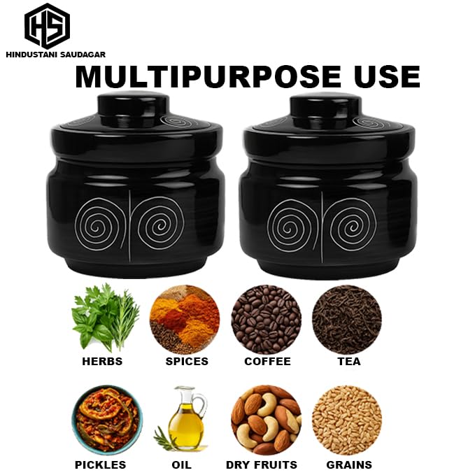 Image of HS HINDUSTANI SAUDAGAR Midnight Spiral ceramic Pickle Jar Set Of 2(550 ml Each) Multipurpose Container Salt Sugar Spices Ceramic Jar with Lid Chutney Jar Dining Table Ideal For kitchen storage Gifting