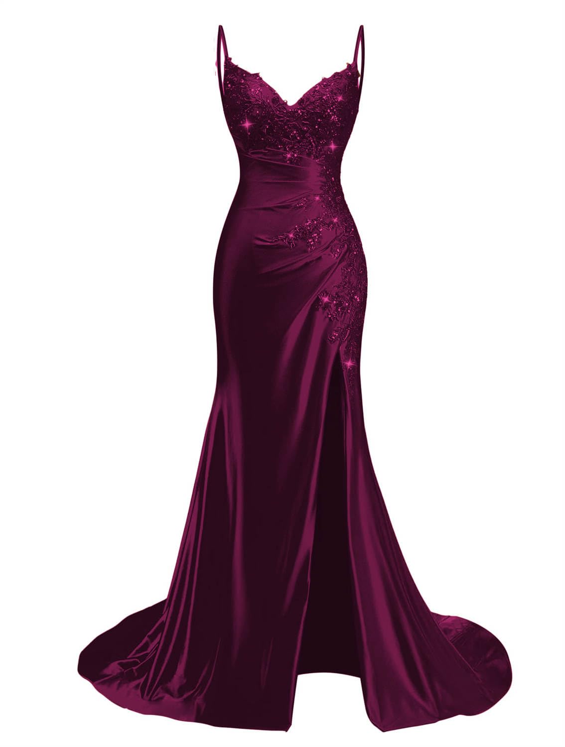 Kurface Women's Plum Spaghetti Strap Satin Prom Dresses With Slit For Teens Lace Applique Mermaid Formal Party Gown Graduation Dress Uk6