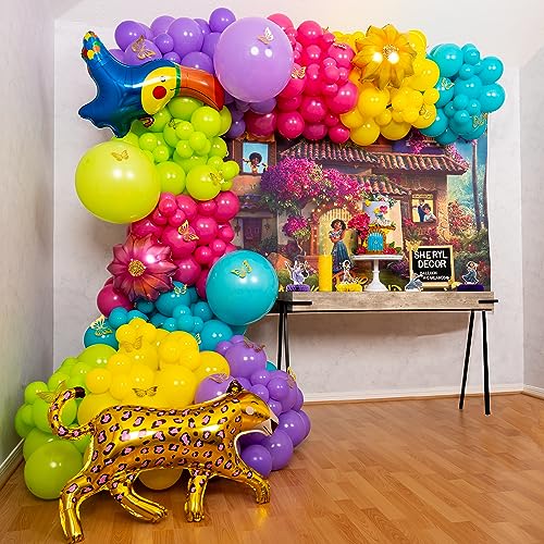 ALL-IN-1 Maribel Encanto Balloons Garland Decorations Arch Kit with BONUS Leopard for Encanto Birthday Party Supplies – Small and Large Purple, Teal, Yellow, Green, and Pink Balloons – Gold Butterfly