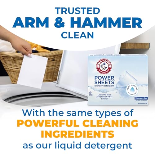 Image of ARM & HAMMER Power Sheets Laundry Detergent, Fragrance Free, No Dyes or Perfumes, Lightweight and Travel-Friendly, 60 Count, Up to 120 Small Loads