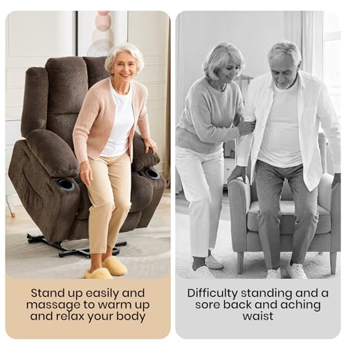 Image of Oversized Power Lift Recliner Chair for Elderly, 135 Lay Flat Electric Recliner with Massage & Heat, Stand Assist Lift Chair with 2 Cup Holders for Living Room,Brown