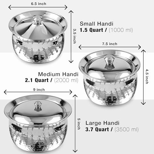 Stainless Steel Biryani Handi Set | Premium Steel Hammered Finish Tope, Patila Handi | Hammered Design, Tableware & Serveware for Home, Kitchen & Restaurants (1.5 Quart, 2.1 Quart & 3.7 Quart) - Image 3