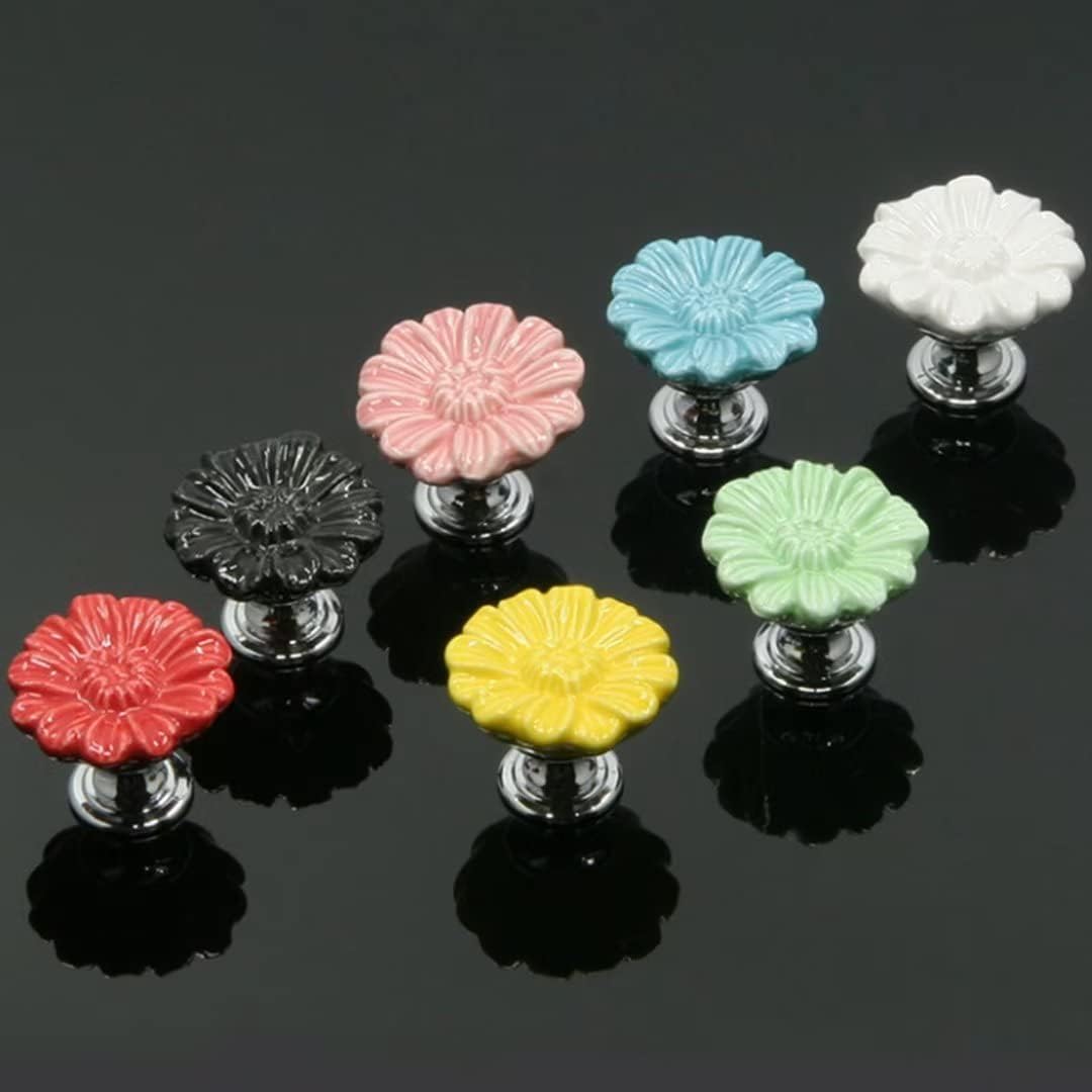 5 Pcs Ceramic Flower Cabinet Knobs, Vintage Kitchen Drawer Pull Handles Door Knob for Dresser Cupboard Wardrobe Kitchen, Furniture Accessories Hardware (Red)