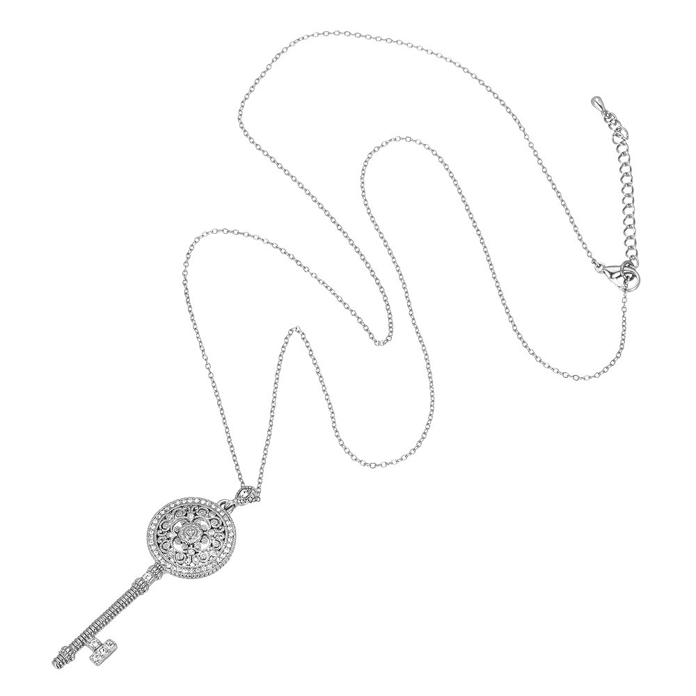 BIJOUX BOBBIMatte Medallion Pave CZ Key Pendant Necklace (Silver Tone)