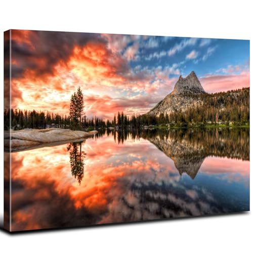 Nature Cathedral Lake Wall Art for Kitchen Wall Decor Mountain Forest Wall Decor Burnt Orange Sunset Photography Painting Canvas Prints Modern Aesthetic Framed Posters Artwork 16x24" Ready to Hang