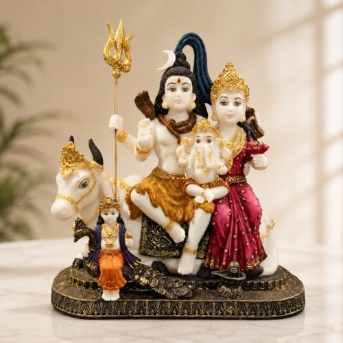 Image of ARMONIA Premium 14 Inch Shiva Parvati Ganesh Idol Shiv Parivar Murti Statue | Polystone Mahadev with Golden Detailing | Best for Pooja, Mandir, Wedding & Housewarming Gift (Including Cleaning Cloth)