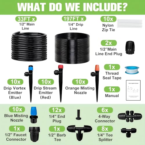 TJJFMM 230FT Drip Irrigation System for Garden with 40 Nozzles & Emitters, Garden Watering System with 1/2" & 1/4" Tube and Barbed Fittings - Adjustable Sprinklers Kit for Greenhouse, Lawn, Raised Bed by TJJFMM - Image 2