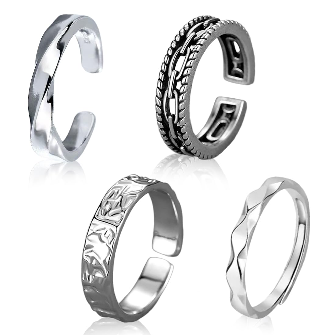 ADRAMATA Set 4 Anelli Uomo Donna In Acciaio Inox – Vintage, Gotici, A Catena E Rotanti, Argento - 3