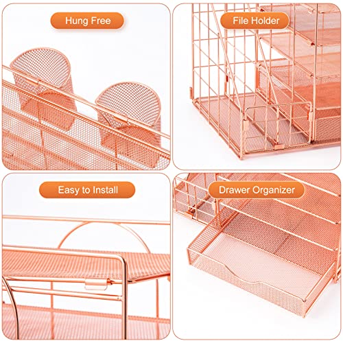 Image of Marbrasse Rose Gold Desk Organizer with File Holder, 5-Tier Paper Letter Tray Organizer and Drawer, Mesh Desktop Storage with Magazine Holder for Office Supplies