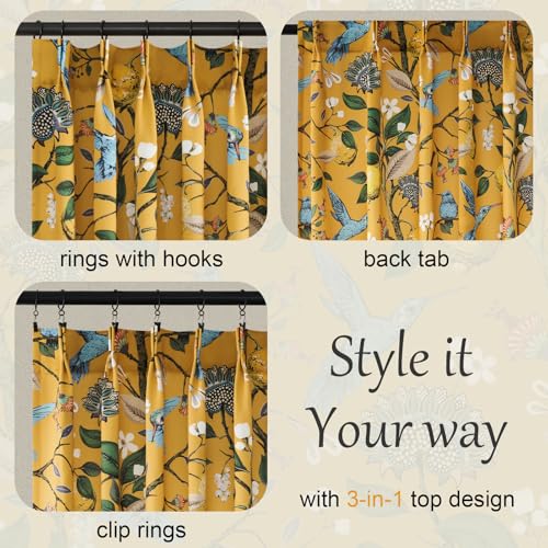 Image of 90 Inches Long Curtains 2 Panels for Living Room Bedroom Unique Elegant Colorful Floral Hummingbird Patterned Rustic Mustard Yellow Pinch Pleated Drapes for Classroom Room Office 40x90