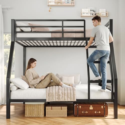 Image of iPormis Metal Bunk Bed Twin Over Full, Heavy Duty Bunk with High Guardrail and Safety Entrance Design, Under-Bed Storage Space, Easy Assembly, Noise Free, Black