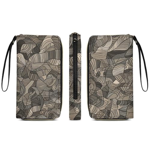 Beige Block Pattern Leather Wallet Smooth Zip Around Clutch Wristlet Travel Long Soft Purse for Women3