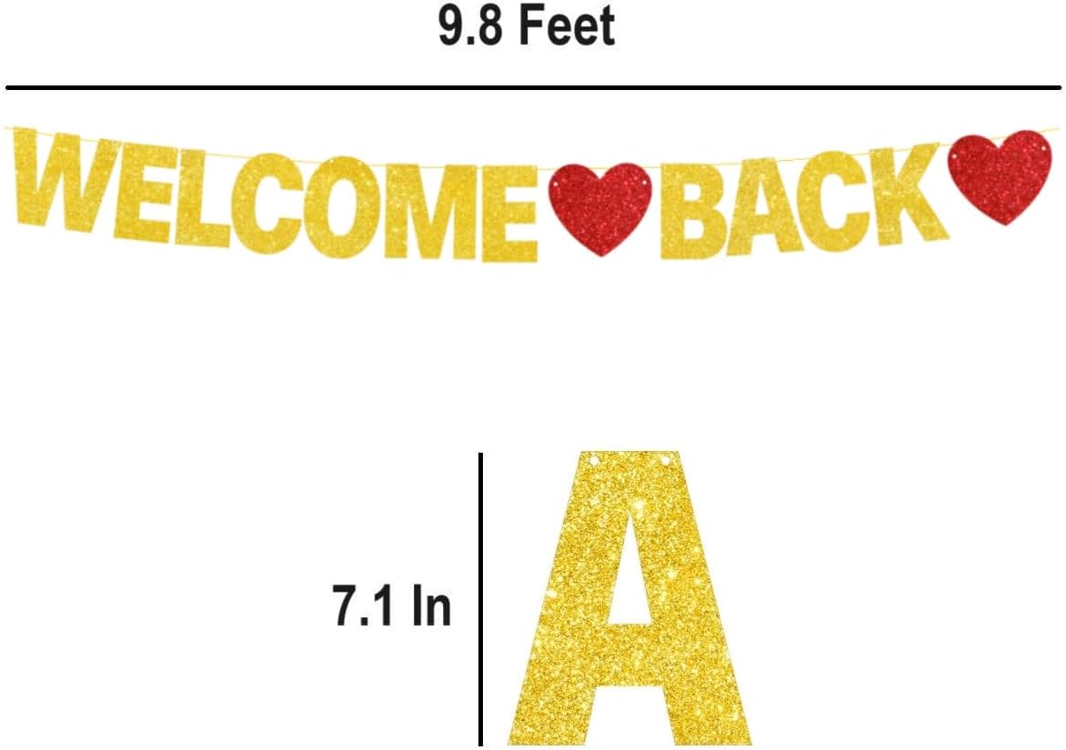 WELCOME BACK Banner, Pre-Strung, Gold Glitter Welcome Back Decorations, We Come Home Bunting Return Theme Party Decor Supplies Come Back to School Flag Classroom Background Sign Supplies Patriotic Military Homecoming Army Party Backdrop
