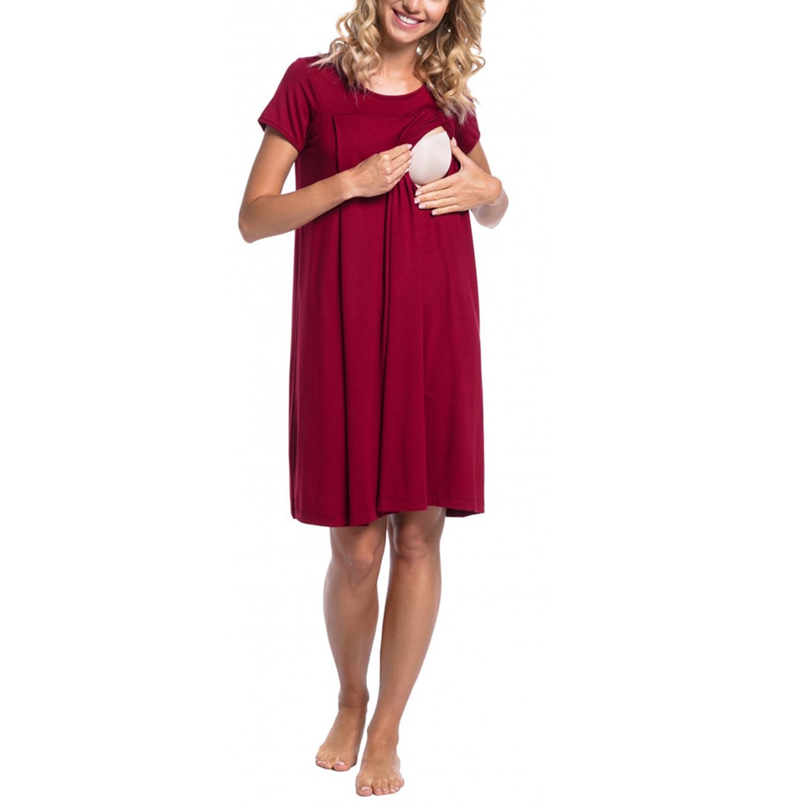 3 In 1 Nursing Dress Hospital Bathrobe Delivery Breastfeeding Birthing Gown/Maternity Nightgown with Button (Color : Red, Size : S)