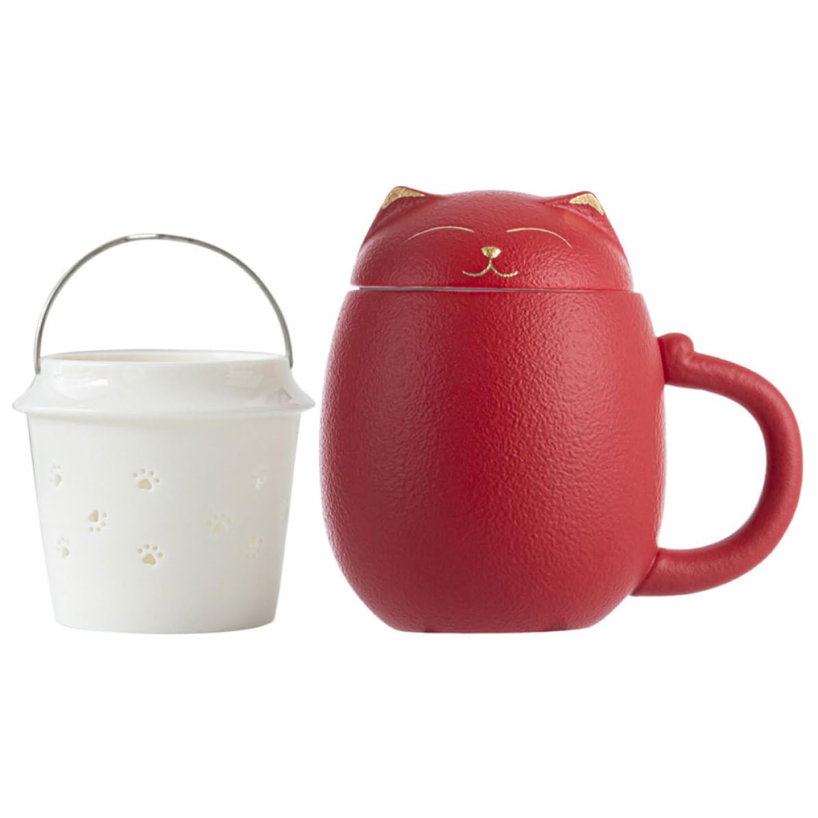 SOLUSTRE Keramik Kaffeebecher 400ml mit Deckel und Filter Katzenmotiv Tasse für Büro und Zuhause Rot Satz