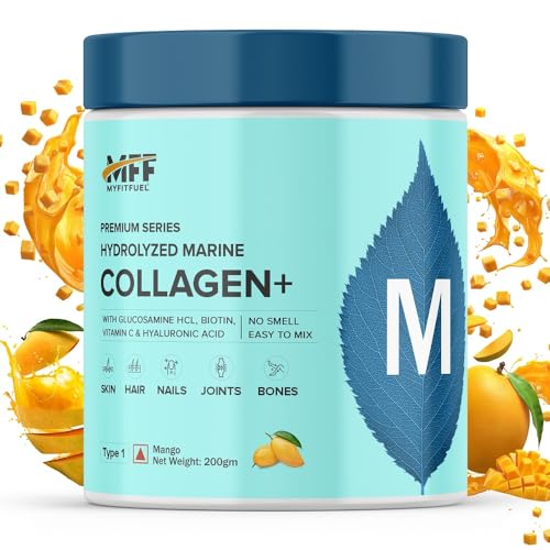 Image of MyFitFuel Hydrolyzed Beauty Marine Collagen Peptides (200gm, Mango) with Biotin, Hyaluronic Acid, Zinc, Vitamin C & Glucosamine | For Skin, Hair, Nails & Joints