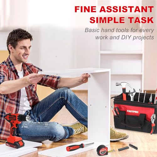 Image of FASTPRO 232-Piece Home Tool Set with Drill, 20V Cordless Drill Driver, Household Repairing Tool Kit with Drill, 12-Inch Wide Mouth Storage Tool Bag Included, Red