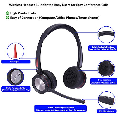 Wireless Headset with Microphone Noise Cancelling for PC Cell Phone Softphone Calls
