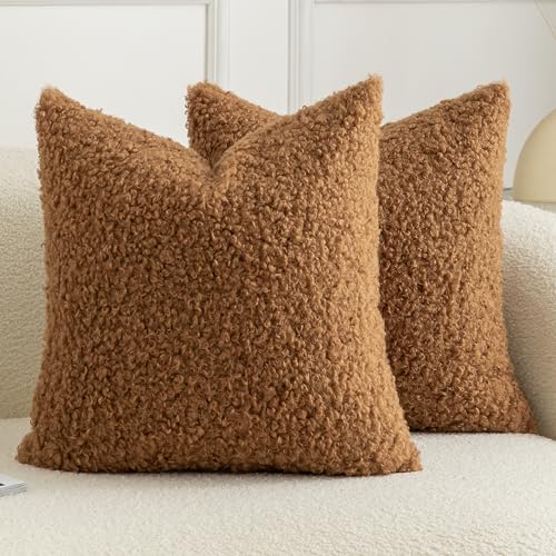 Image of Pack of 2 Curly Teddy Wool Faux Fur Throw Pillow Covers Fuzzy Accent Soft Sherpa Pillowcases Sheepskin Fleece Decorative Cushion Case for Sofa Couch Living Room 26x26 Inch Bronze