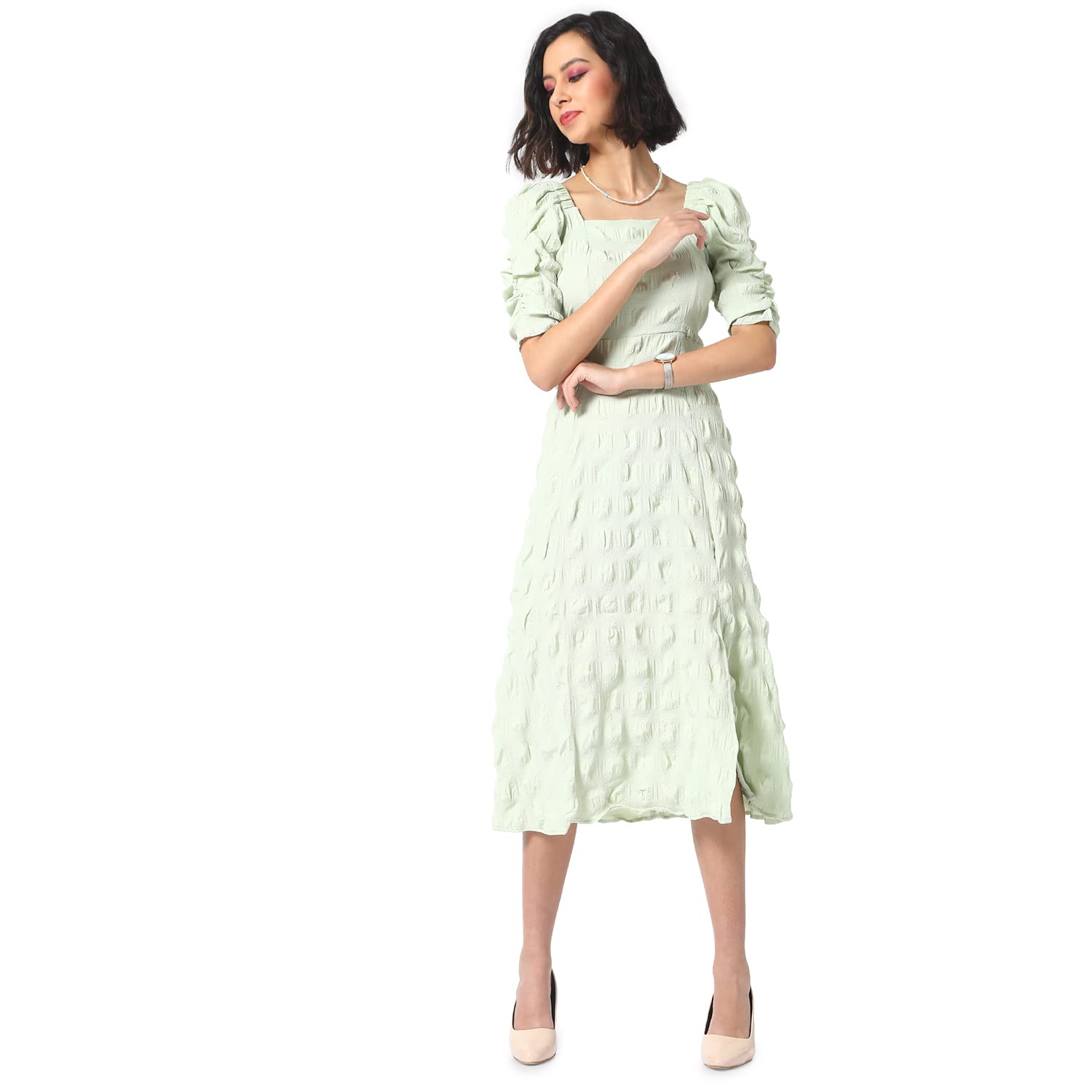 Campus Sutra Women's Creased Midi Dress For Casual Wear | Puff Sleeve | Midi Length | Pull On Closure | Dress Crafted With Comfort Fit For Everyday Wear