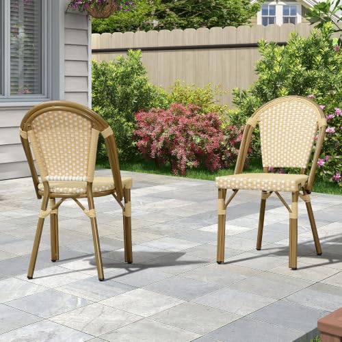 Image of PURPLE LEAF French Bistro Chairs Set of 2, Armless, Bamboo Finish, Yellow