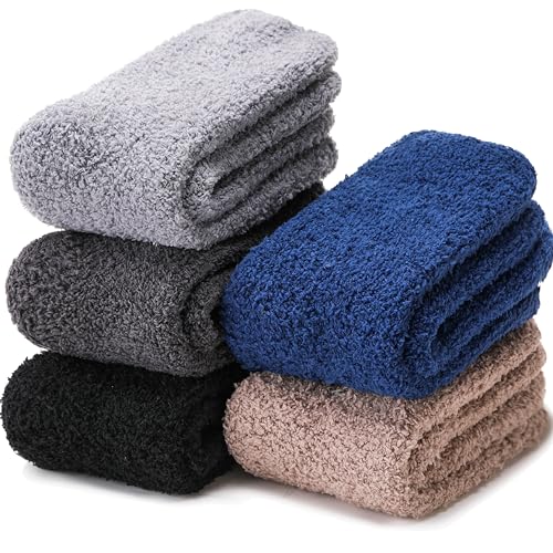EBMORE Fuzzy Socks for Men & Women Slipper Fluffy Warm Winter Non Slip Skid Thick Cozy Sleep Socks with Grips Cabin Soft Stocking Stuffers Christmas Gift Socks(Dark Color)