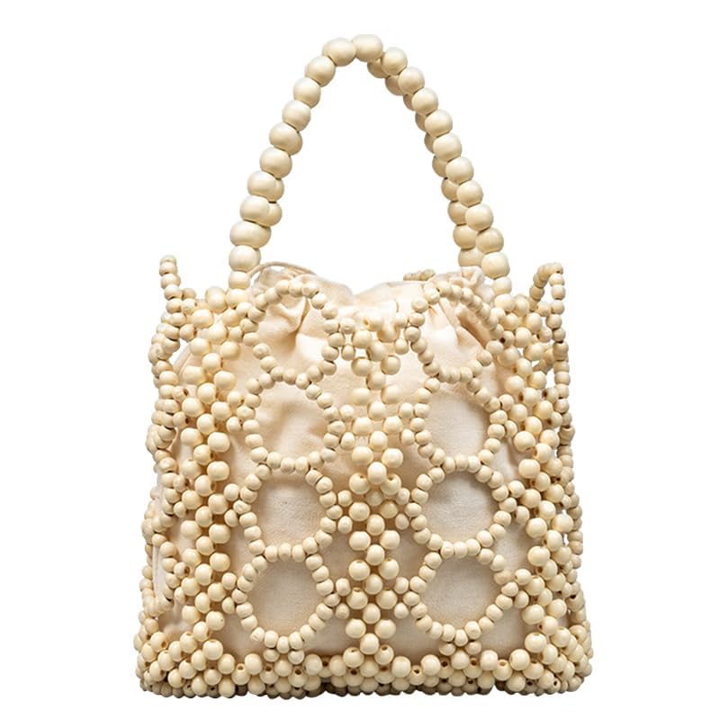 Image of YYW Unique Handmade Wooden Bead Tote Bag for Women, Small Handwoven Clutch Purses Woven Bucket Handbag and Drawstring Handbag