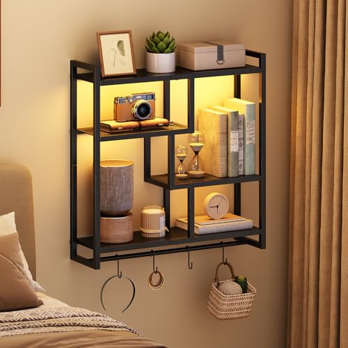 Image of HOOBRO Gaming Floating Shelves with LED Lights, 28.7 inch LED Wall Mounted Shelf, 4-Tier Floating Wall Shelf for Storage, Display Rack with Hanging Bar and 4 S Hooks, for Gaming Room, Black BB37DBJ01